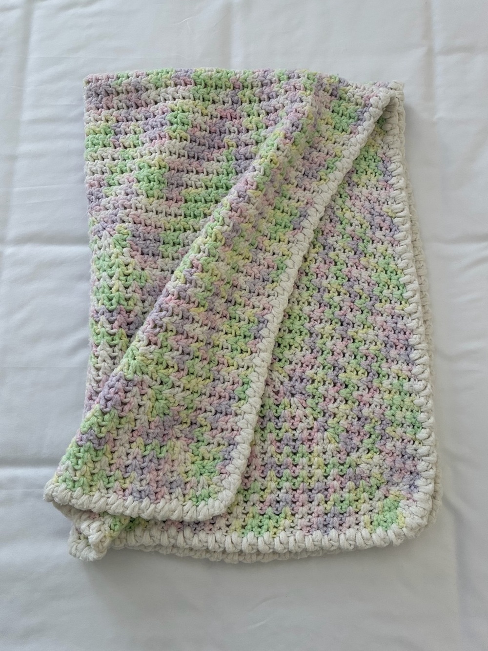 Handmade Crochet Baby Blanket in Pastel Lavender, Green & White